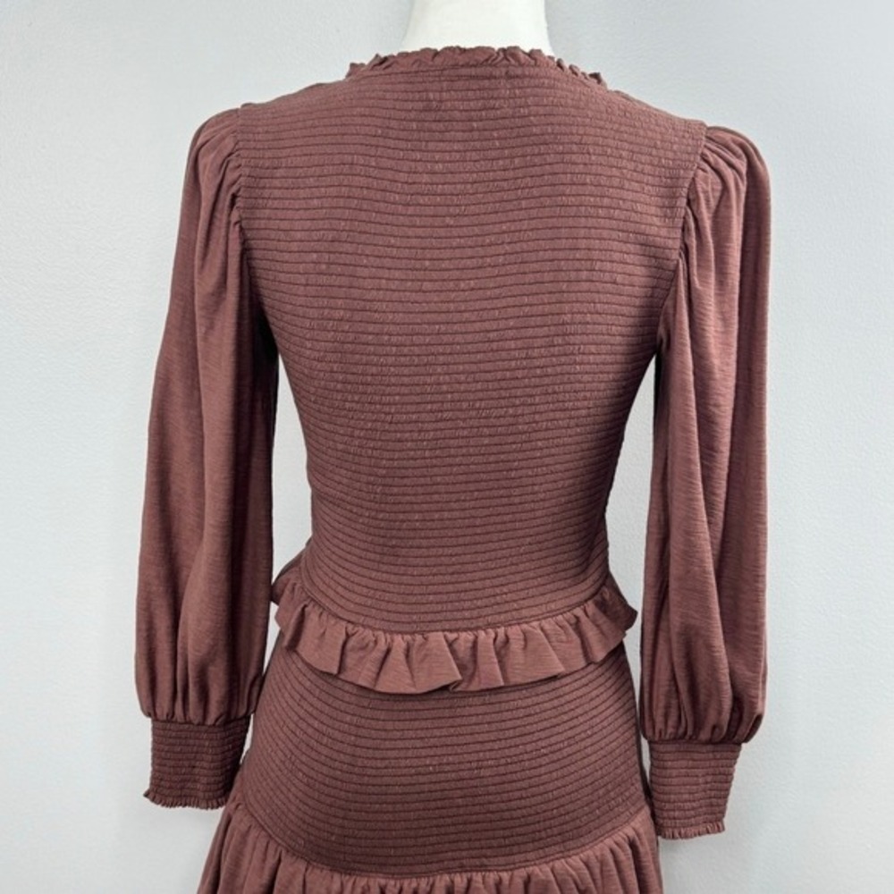 Nation LTD Abby Smocked Mini Dress Small Mauve Ruffle Long Sleeve Boho Romantic - Picture 9 of 13
